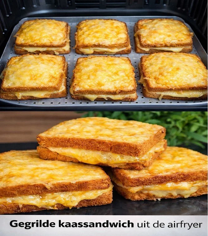 Gegrilde kaassandwich gemaakt in de airfryer met gesmolten kaas.