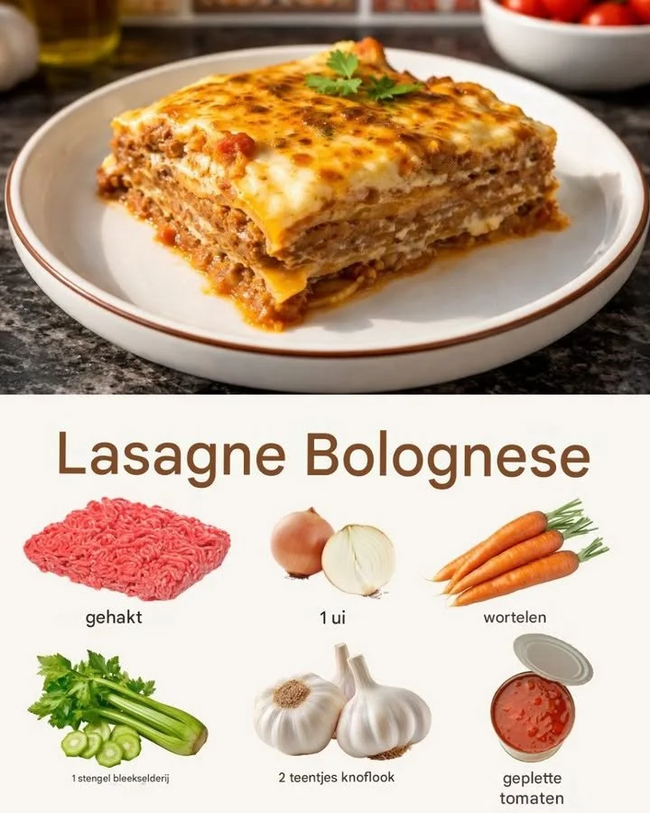 Huisgemaakte lasagne bolognese met rijk gehakt en kaassaus