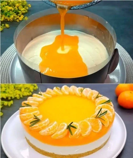 Heerlijke mandarijnencheesecake met een romige vulling en frisse mandarijnensmaak.