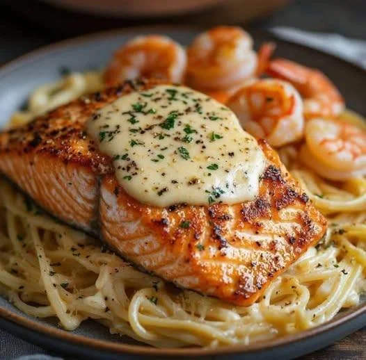 Pasta Alfredo met zalm en garnalen in een romige saus