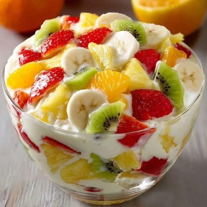 Romige tropische fruitsalade met kleurrijke vruchten en een romige dressing