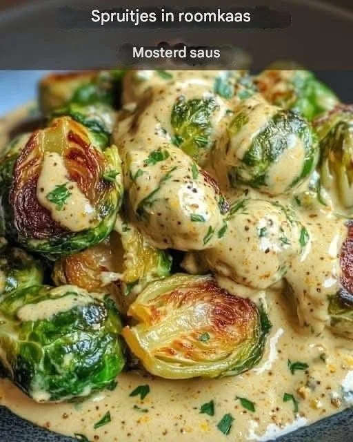 Spruitjes in roomkaas-mosterdsaus op een bord