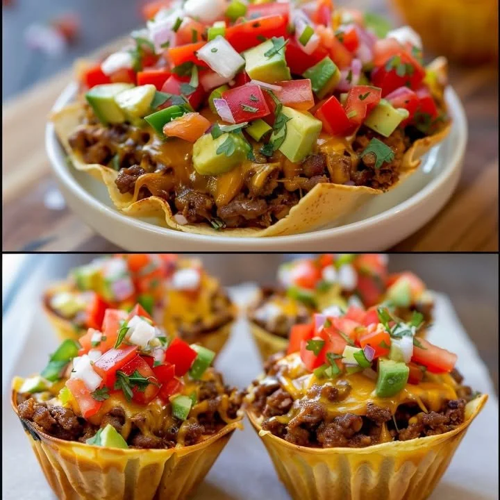 Taco Cupcakes met kleurrijke toppings en kruiden in een aantrekkelijke presentatie.